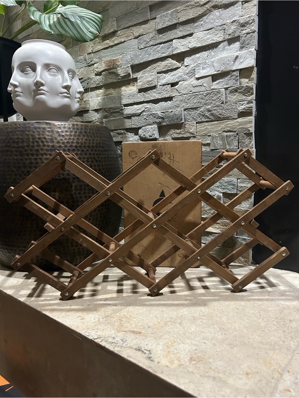 Vintage mid-century modern accordion-style collapsible wood wine rack